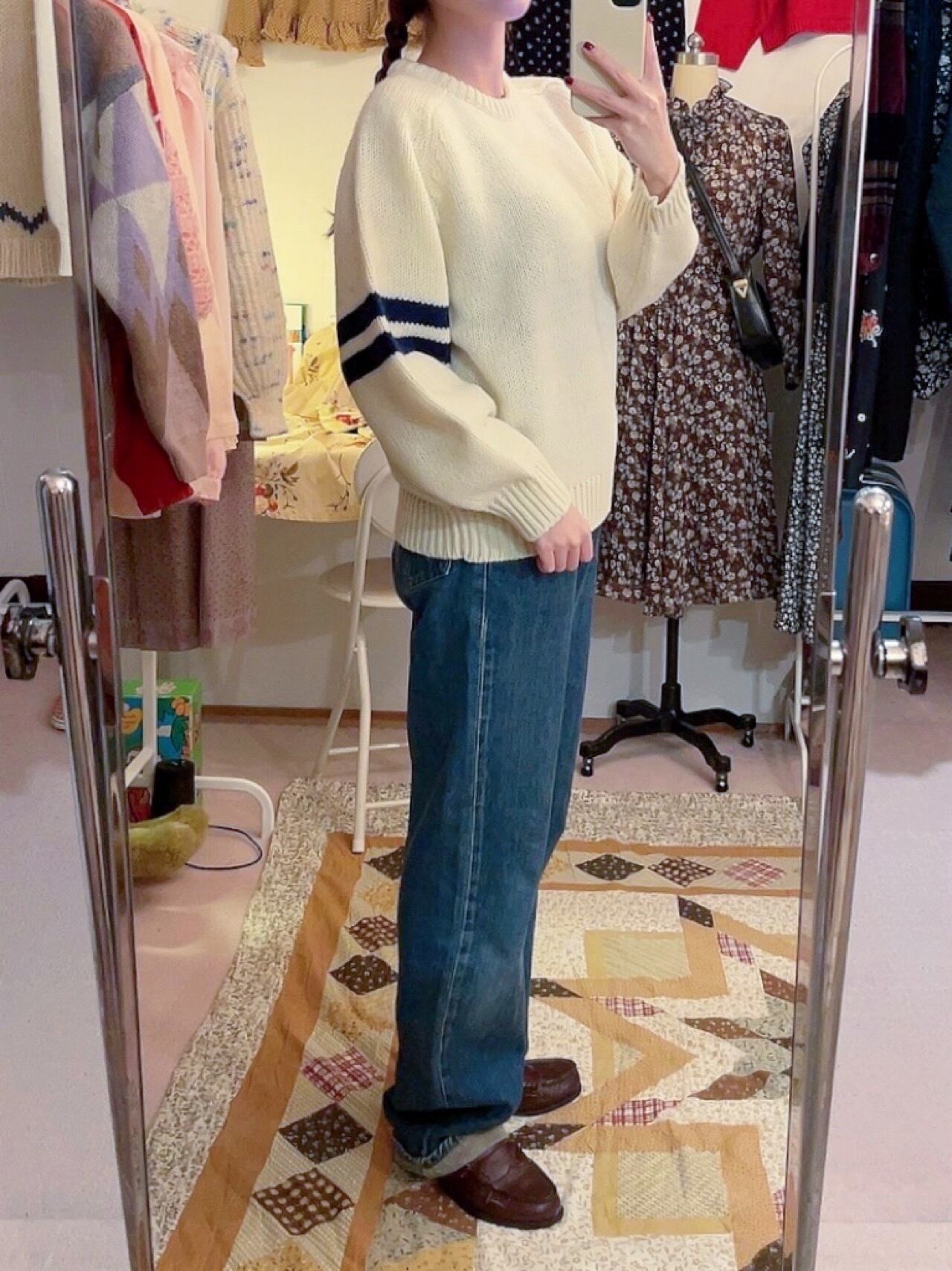 navy double line crew neck sweater