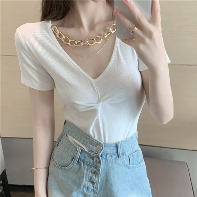 プリーツショートTシャツ レディースサマースタイルVネックスリムトップス 夏物 ハンチェンe19231948900