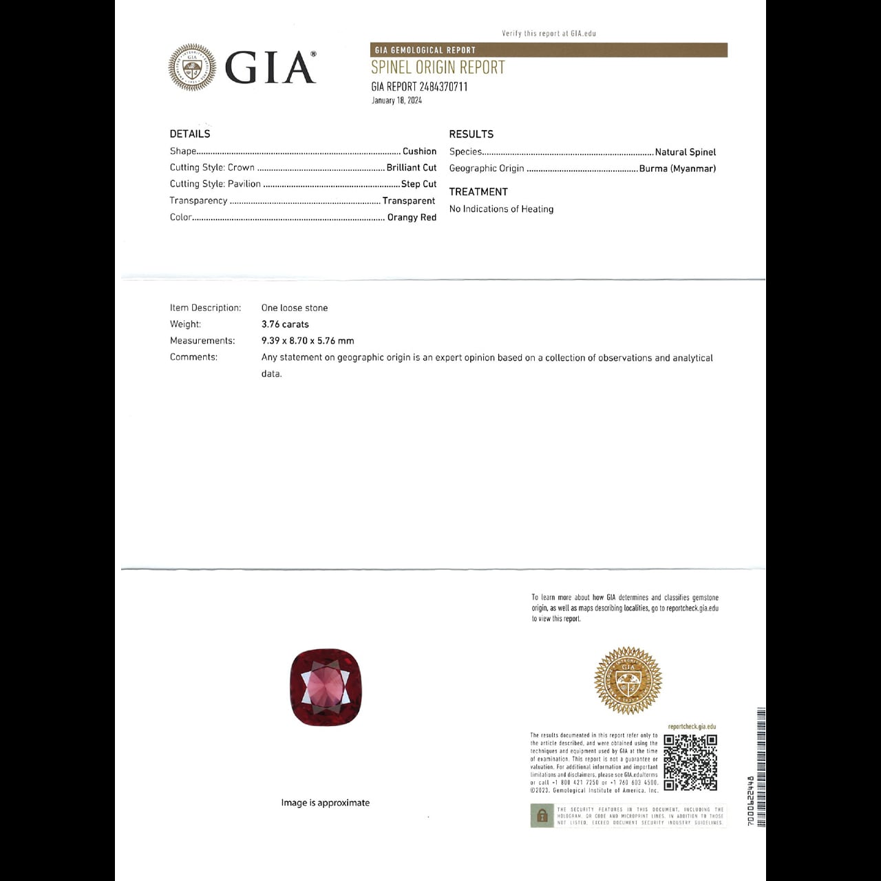 天然【非加熱】スピネル・オレンジーレッド 3.76ct GIA鑑別書 | SUI
