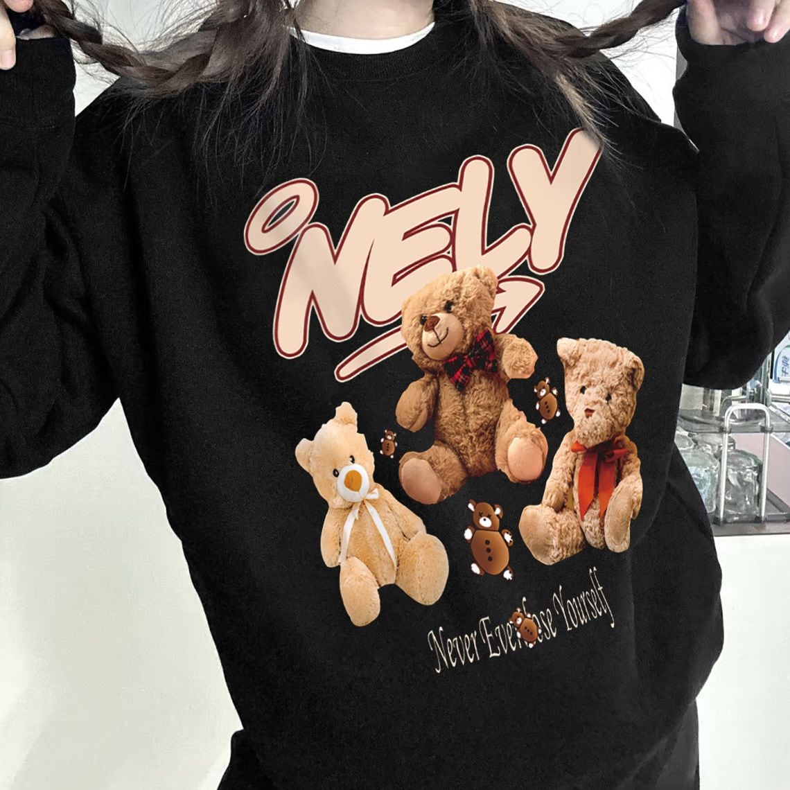 ユニセックス スウェット 長袖 クマちゃんぬいぐるみ プリント 裏起毛