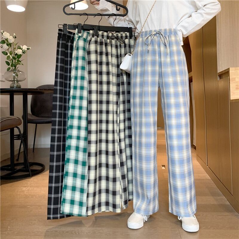 格子柄パンツ ルーズカジュアルハイウェストウェストワイドレッグ ワイドパンツ YY-ファッション36002795179