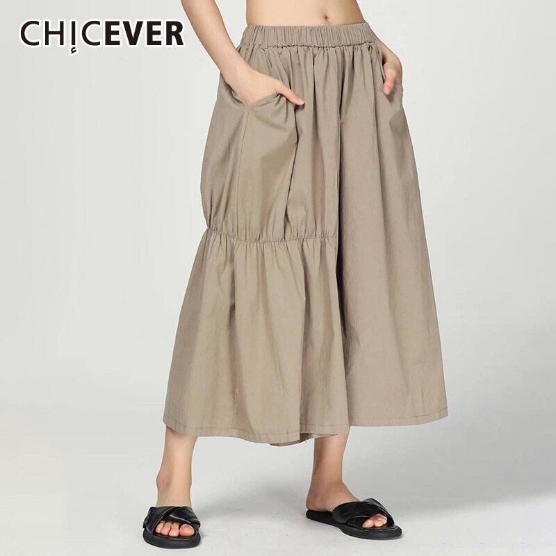 CHICEVERサマープリーツソリッドレディースパンツエラスティックウエストポケットルーズプラスサイズワイドレッグパンツ2020 伸縮 大きめサイズ 夏物 ワイドパンツ ソリッドカラー 6base562185798432