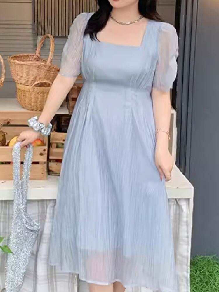 シアー素材でふんわり体型カバー ミモレ丈ワンピース お呼ばれ 大きいサイズ 韓国 CH9219