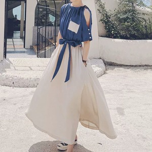 【送料無料】 ロングワンピ 2色 ミモレ 半袖 オフショルダー ハイネック Aライン フレア プルオーバー ポケット バイカラー リボン 薄手生地 エレガント 可愛い 大人可愛い きれいめ シンプル カジュアル コンサバ 華やか 大人 上品 おしゃれ お洒落 主役級 こなれ感 高見え フェミニン 無地 夏 レディース 女性用 30代 40代 デート お出かけ 女子会 お呼ばれ 休日 お茶会 授業参観 着回し 普段使い 韓国系 ファッション スタイル 楽ちん 体型カバー 美脚 定番 着痩せ 垢抜け