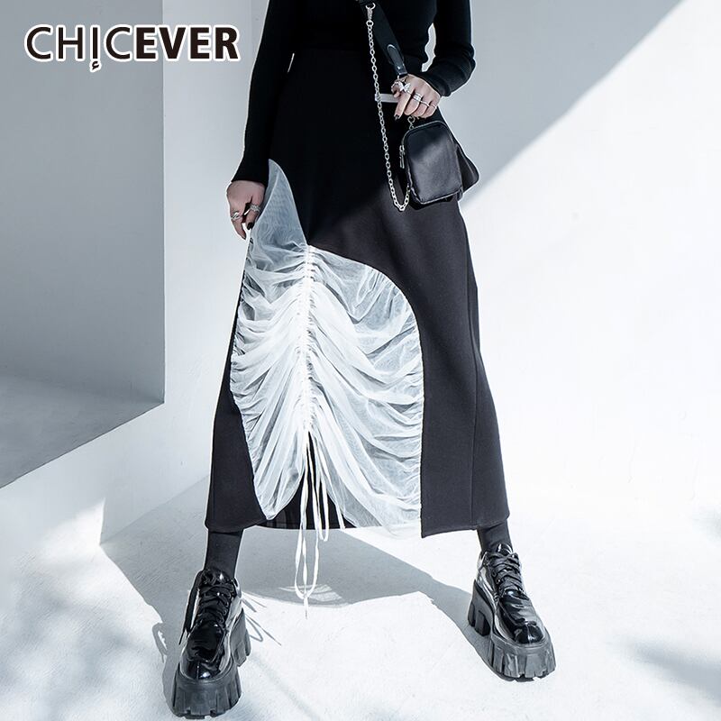 CHICEVERブラックスカートレディースウエストパッチワークメッシュレースアップルーズヒットカラーストリートウェアスカート2021 6base540913562019