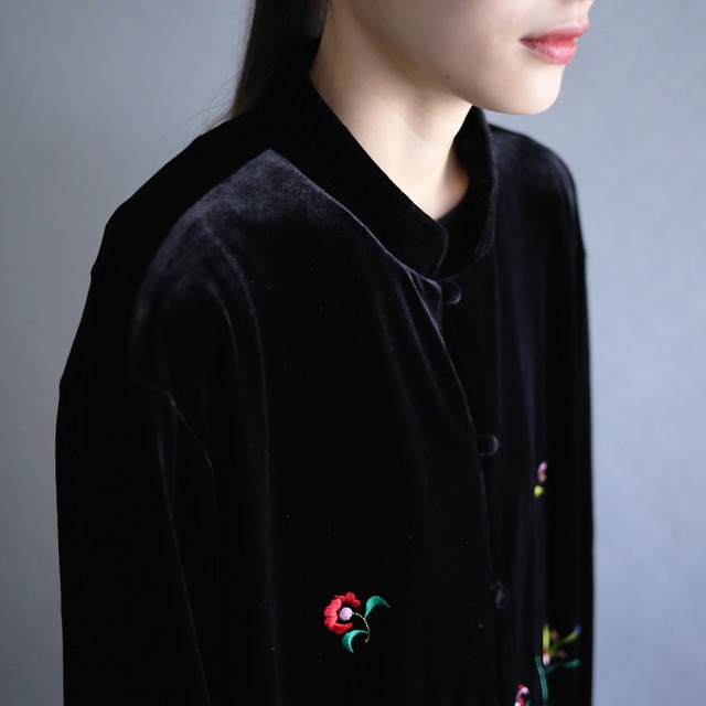 "草花×鳥"embroidery full pattern china motif black velours shirt