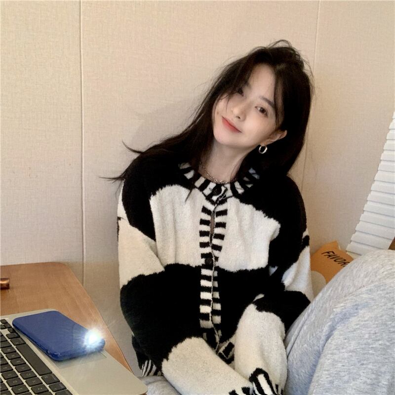 セーター オータムブラックホワイトカラージャケット ロング 秋物 モンロー5140727643