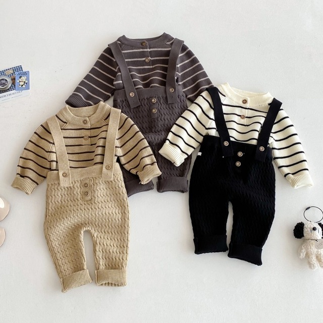 【BABY】秋新作ボーダーニットトップス＆サロペットパンツ ベビー セットアップ