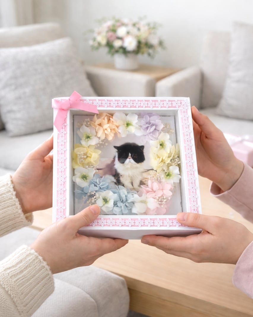 うちの子フラワーフレーム【PE-602】縦横15cm│ペットメモリアル│ お祝いギフト|木枠ガラスフレーム| メッセージ入り|バレンタイン│記念日│誕生日に