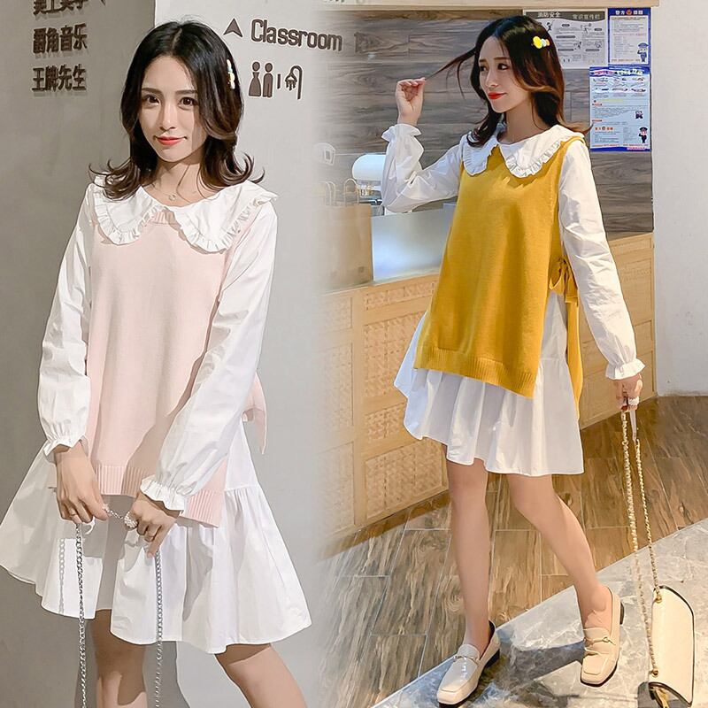 【新作】【送料無料】 マタニティドレス2019秋冬新バージョンのマタニティドレスドールカラー長袖+ニットベストツーピース-アリババ ロング オータム 秋物 ウィンター 冬物 expec250355255843