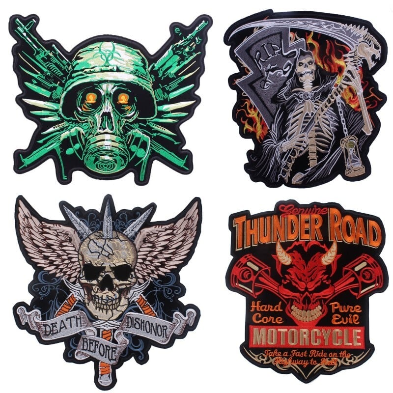 衣料用 刺繍ワッペン 大型 バイク スカル クロス バイク シール