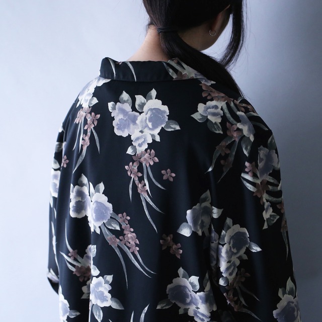 beautiful flower art pattern special button loose silhouette open-collar shirt
