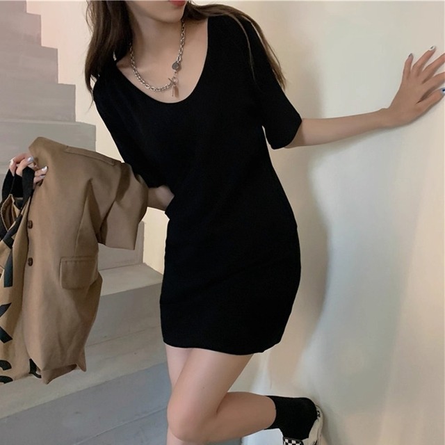 レディース トップス ワンピース カットソー チュニック Tシャツ ミニ 膝上 五分袖 Uネック フェミニン かわいい 大人可愛い きれいめ シンプル カジュアル 上品 おしゃれ こなれ感 ラフ 抜け感 ベーシック 無地 春 夏 10代 20代 30代 学生 学校 通学 お出かけ お泊まり 女子会 休日 高原 ガーデン ショッピング カフェ 重ね着 普段使い 着回し レイヤード 定番 S M L XL ゆったり 白 ホワイト 黒 ブラック ベーシックカラー