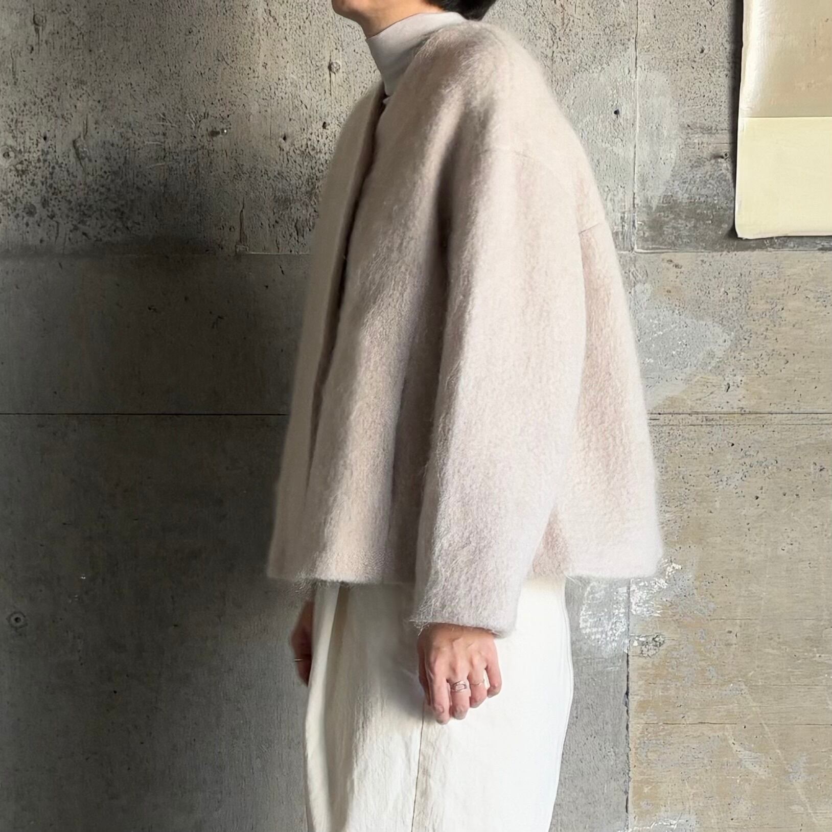 美品 ハンズオブクリエイション モヘヤシャギーノーカラーコートouvert 美品 ハンズオブクリエイション モヘヤシャギーノーカラーコートouvert