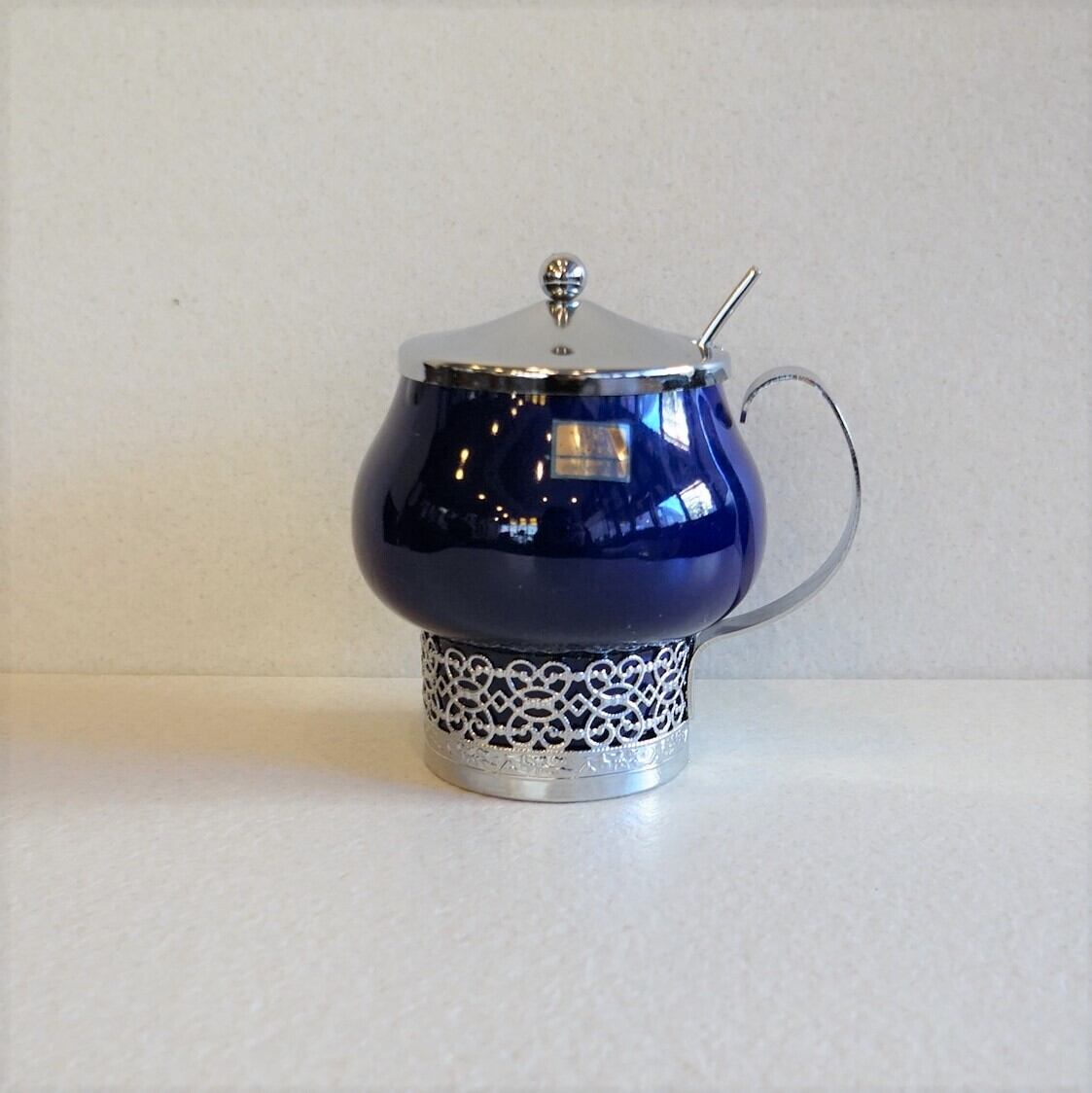 群青の陶器のシュガーポット