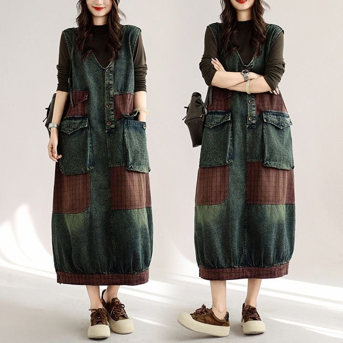PLAID PANEL RELAXED SUSPENDER MIDI DRESS M-18566