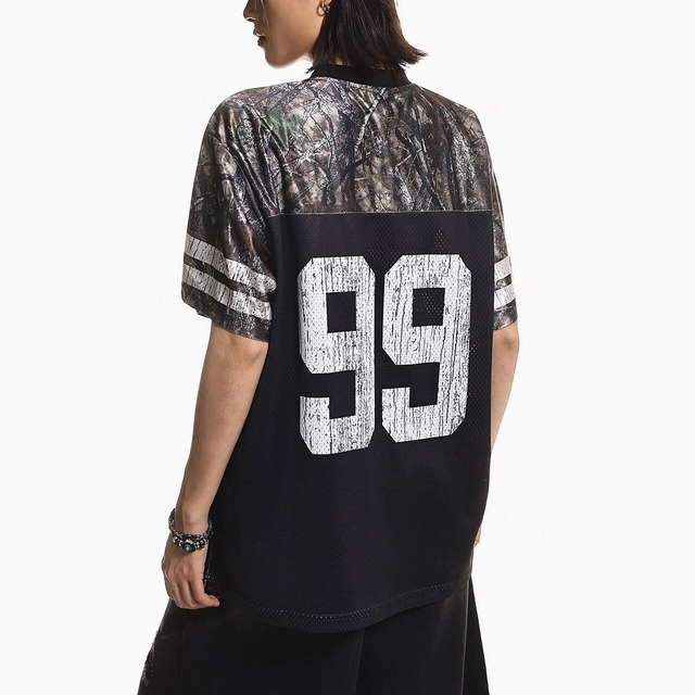 ツリーパターンコンビネーションVネックメッシュTシャツ 1col   R01988