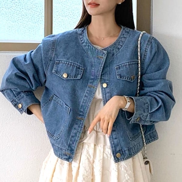 ノーカラーデニムジャケット | S.Dahlia