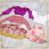 ベリーダンス 衣装 まとめ売り 全5点 セット トップス スカート ヒップスカーフ 花柄 無地 シンプル 練習 レッスン フリンジ 紫 白 黄 かわいい Garam garam ガラムガラム miyamiya パープル系 ピンク系 イエロー系 ホワイト系