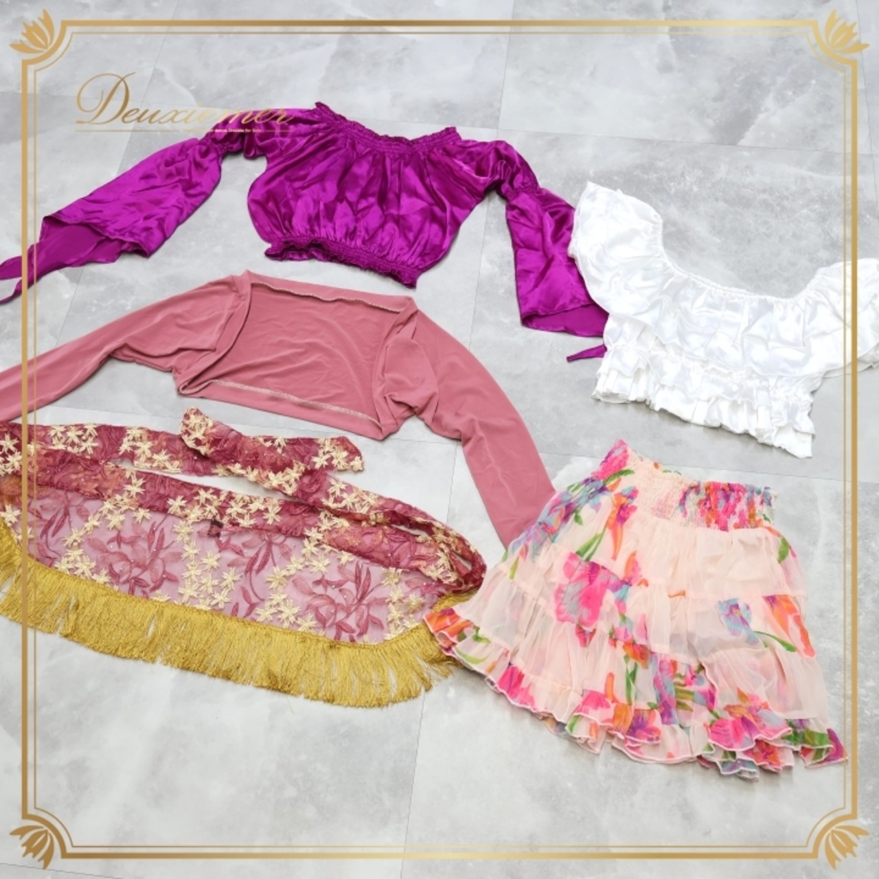 ベリーダンス 衣装 まとめ売り 全5点 セット トップス スカート ヒップスカーフ 花柄 無地 シンプル 練習 レッスン フリンジ 紫 白 黄 かわいい Garam garam ガラムガラム miyamiya パープル系 ピンク系 イエロー系 ホワイト系