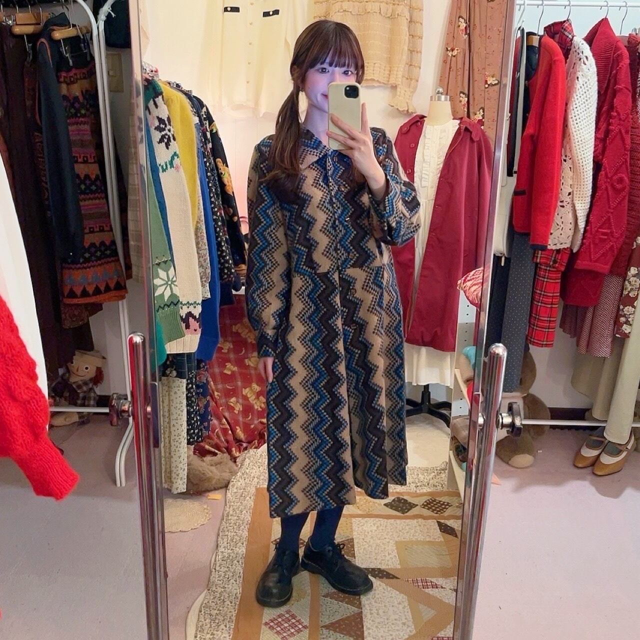 blue brown zigzag wool one-piece