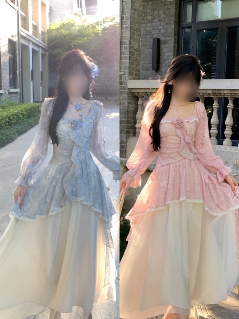 ピンク＆ブルー｜チュールフリル秋ワンピース｜大人フェミニンなデート