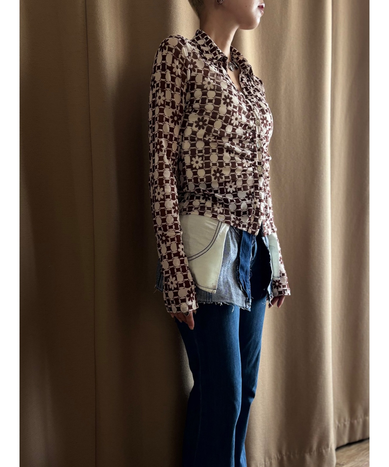 retro pattern gather sheer tops-4856-8