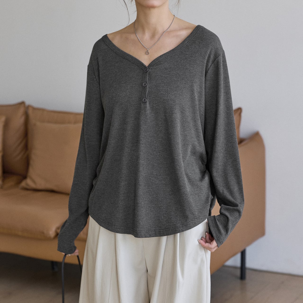 リラクシーVネックヘンリーオーバーカットソー(3color) 3565