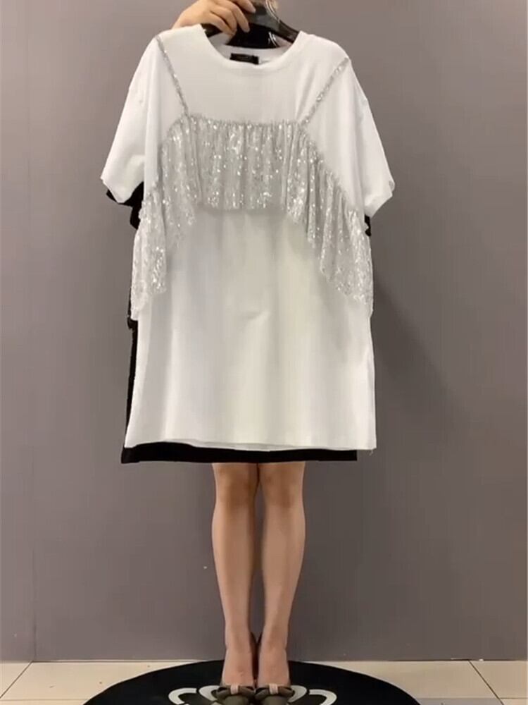 スパンコールTシャツ レディースサマールーズトップス 夏物 ステッチ ミックスインファッション37531699909