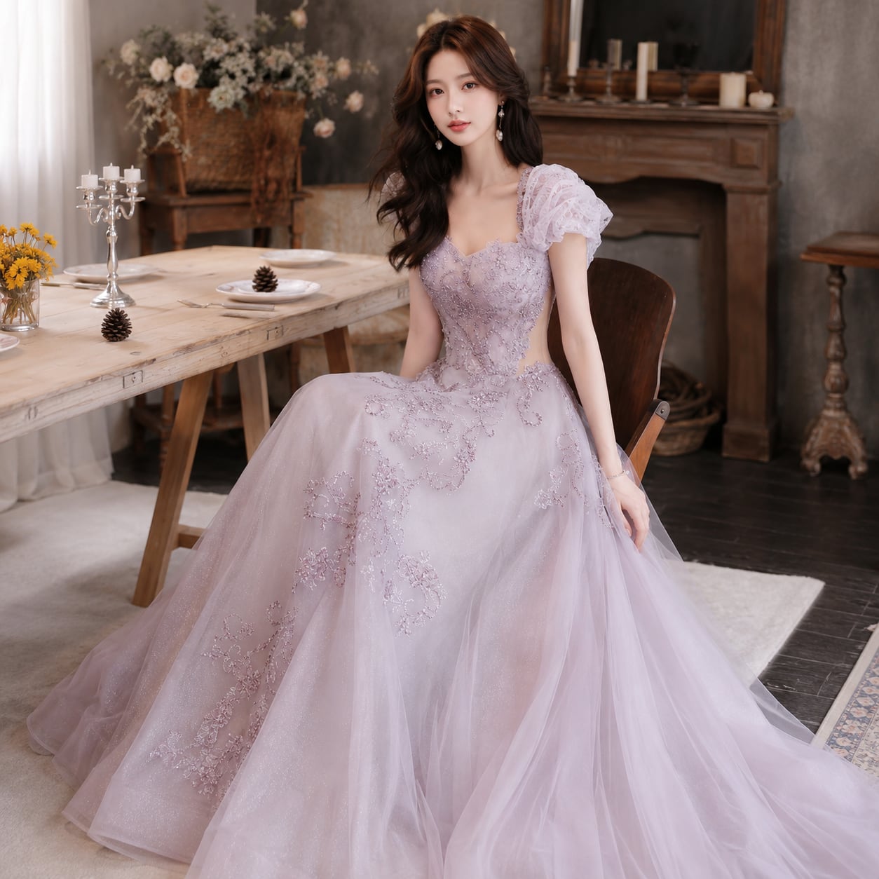 Puff Sleeve A-Line Maxi Long Dress V3317