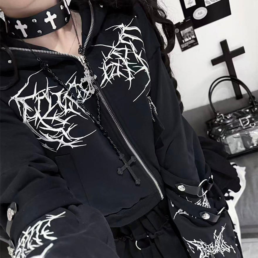 ゴスロリサブカル 十字架チェーンジップパーカー 推し活ライブ参戦服
