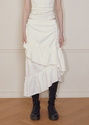 [BOHEMSEO] DRAPED FRILL STRAP SKIRT, IVORY 正規品 韓国ブランド 韓国通販 韓国代行 韓国ファッション BOHEMIAN SEOUL ボヘミアンソウル 日本 店舗