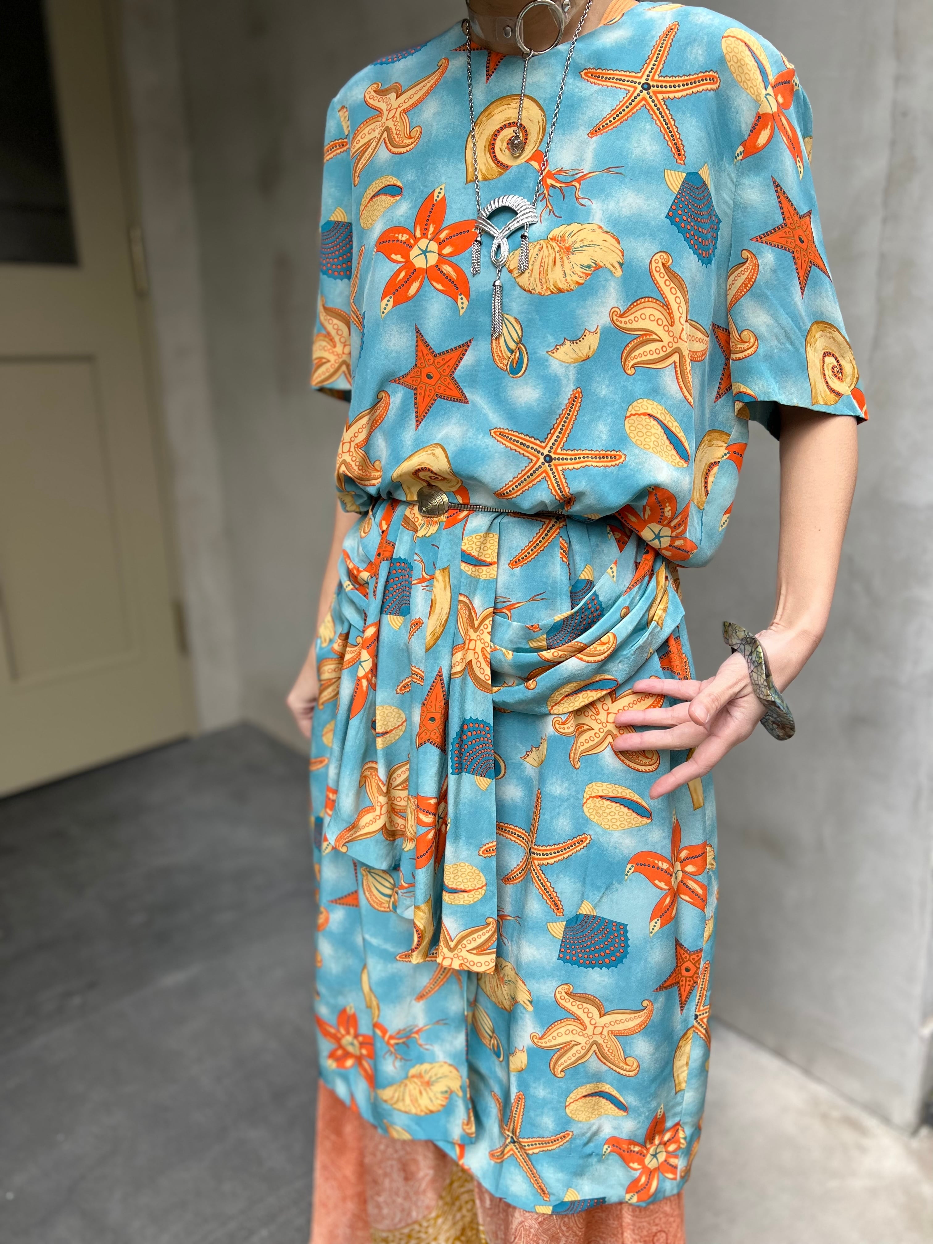 80s skyblue × shell silk dress ( ヴィンテージ スカイブルー