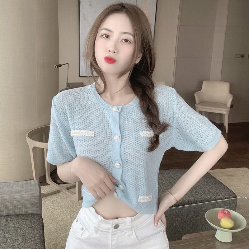 サマースタイルラウンドネック半袖スリーブスリムニットカーディガンジャケット レディース ショート ハーフスリーブ 夏物 Oネック ハンチェンe72406174924