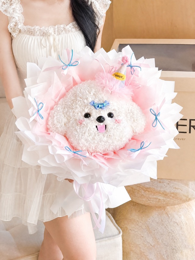 Fluffy Birthday Pup｜ふわもこ笑顔を贈る、ワンちゃんブーケ