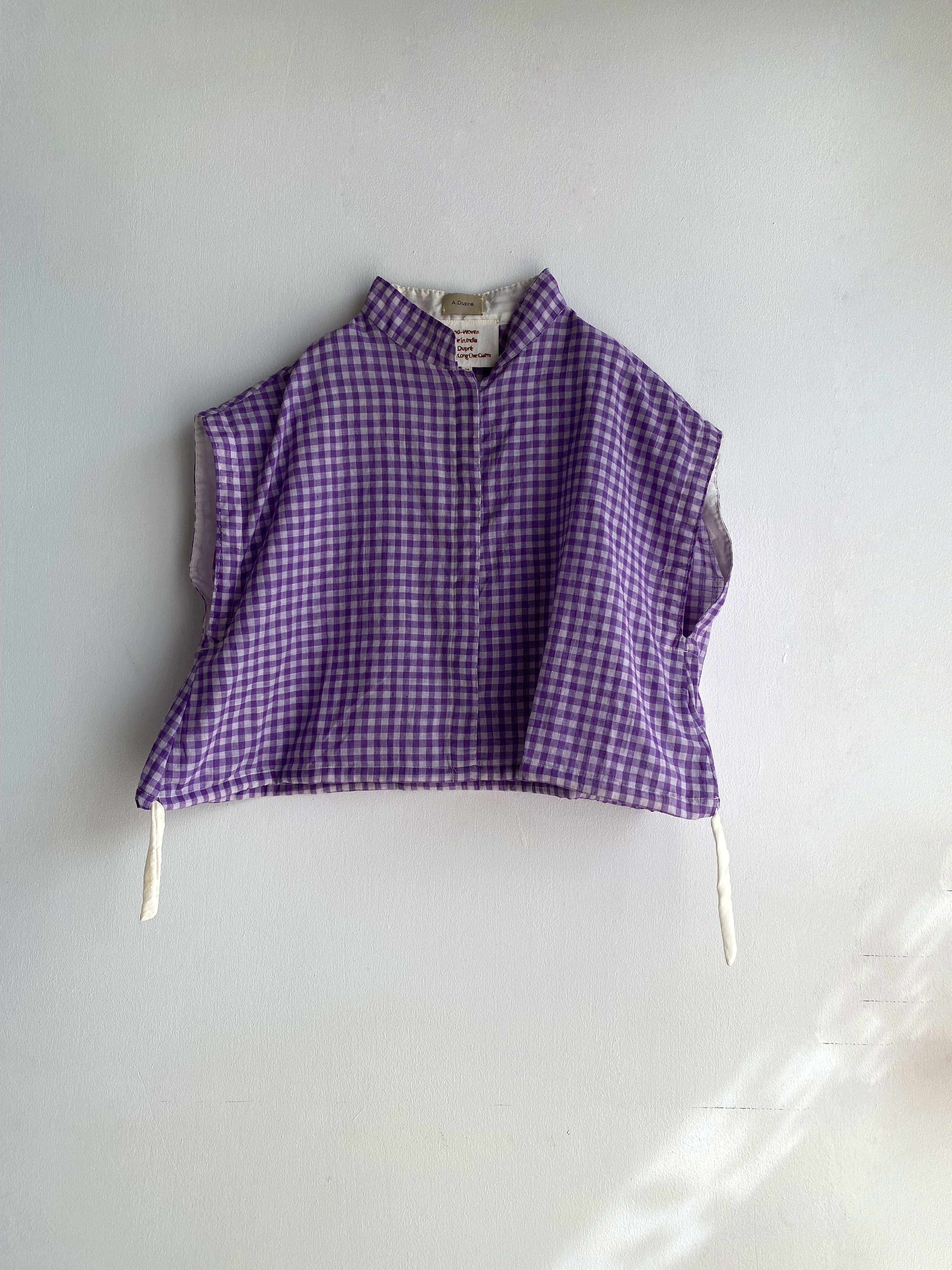 Frenchsleeve string short length top "light purple gingham check " khadi cotton