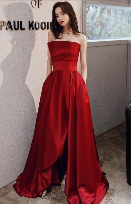 美品！パーティードレス ワインレッド ベアトップ 光沢サテン ロング