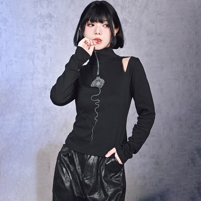【古怪舍---永生旋律シリーズ】★チャイナ風トップス★ Tシャツ 長袖 オリジナル ブラック 黒い 着痩せ スリム 黒 レトロ