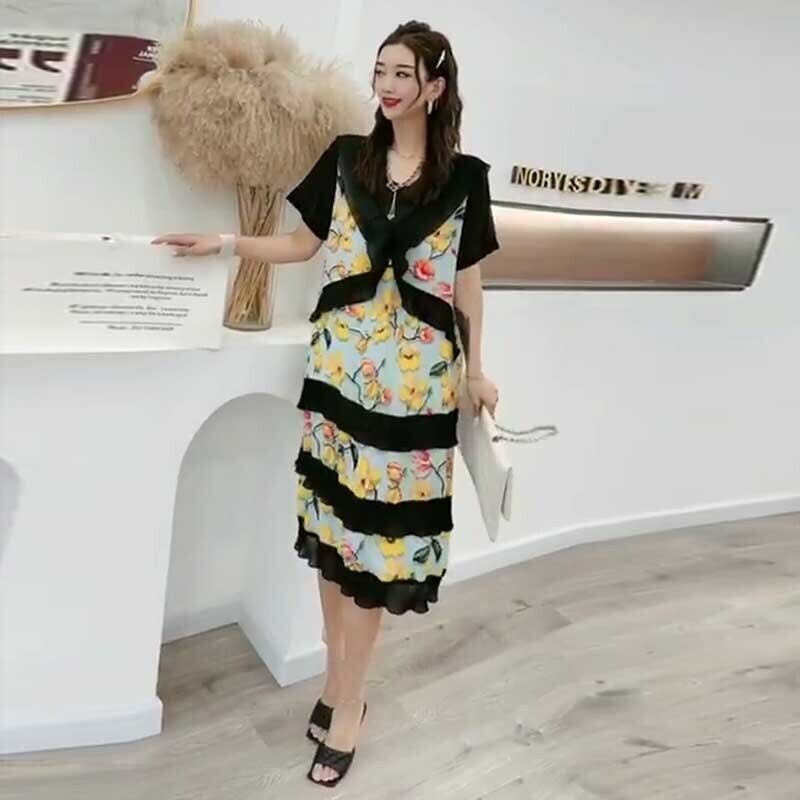 ラウンドネックFlowerデザイン シフォンドレス 薄手 大きめサイズ Oネック フラワーデザイン ミックスインファッション94097508639