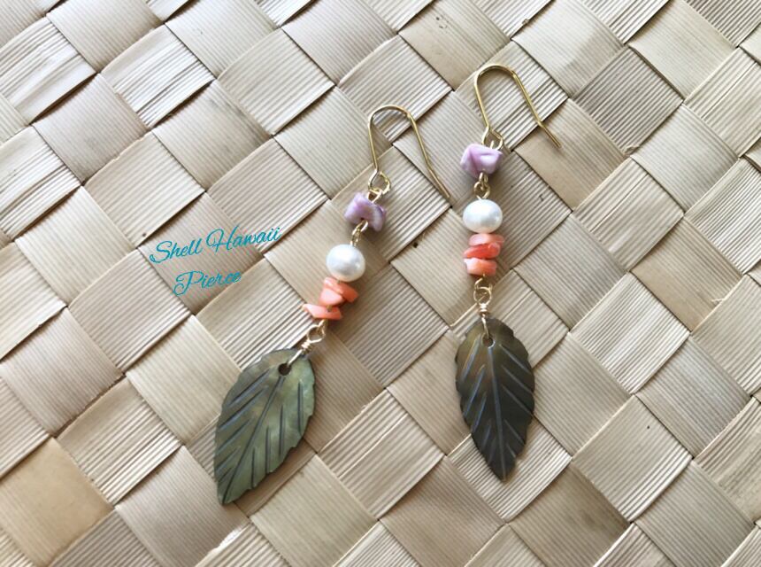 黒蝶貝リーフと淡水パールのロングピアス | ハンドメイドアクセサリー　Shell Hawaii