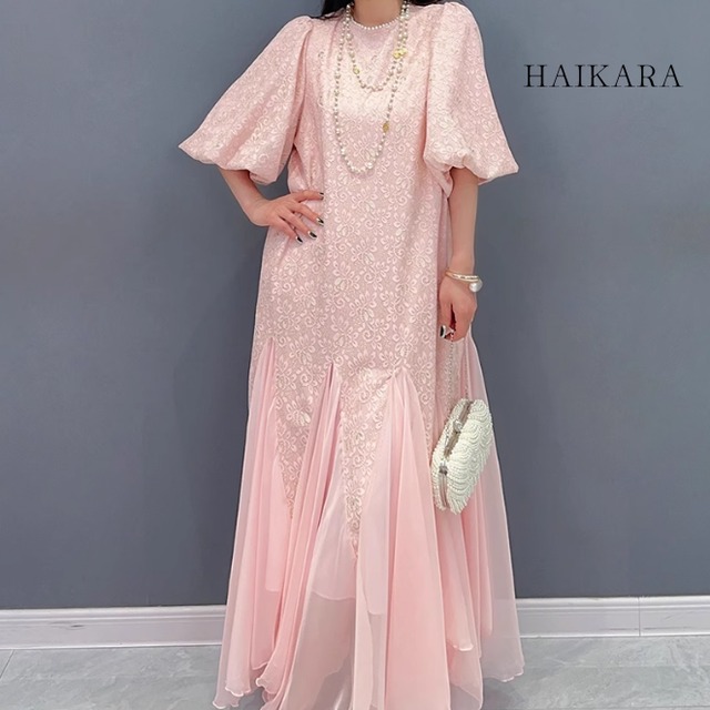 Lace style floral pattern fabric & chiffon fabric puff sleeve dress