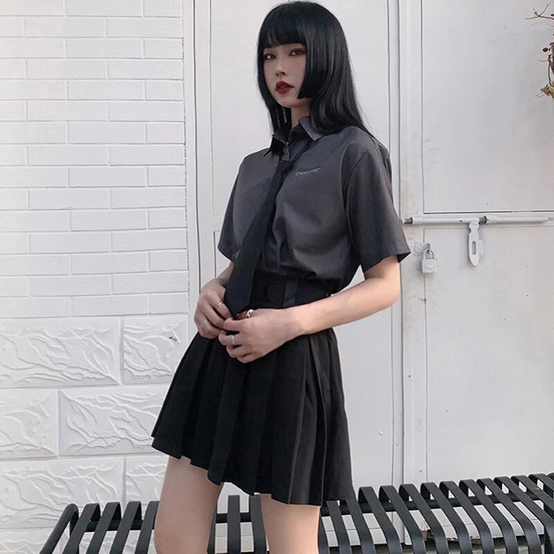 Ladyghostシリーズ ネクタイ付きシャツ 半袖or長袖 シンプル カジュアル グレー 灰色 かっこいい Elegant