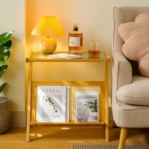 サイドテーブル 竹製 雑誌ラック付き リビングルーム 寝室