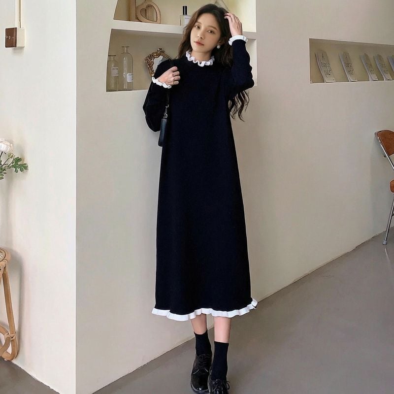 ワッフルフリルミモレ丈ニットワンピース L1142