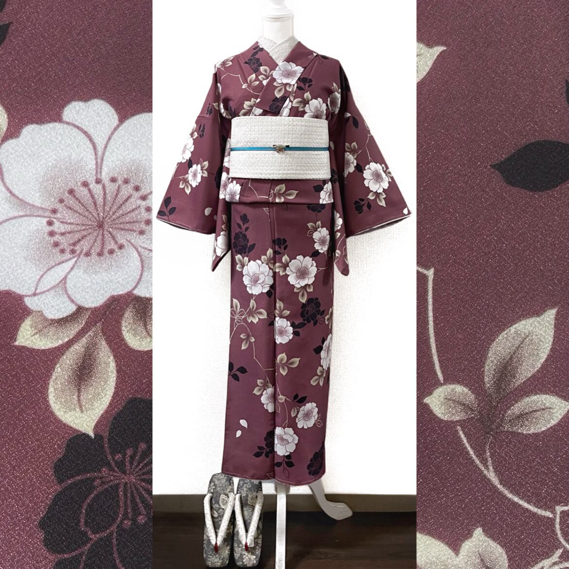 小紋 着物 袷 上質な染め 手染め 梅鼠色 縞 裄66 Ｌ 中古 sn1217 新品】梅鼠色に八重桜文様の洗える小紋着物 | きもの楸堂-kisasagedo-