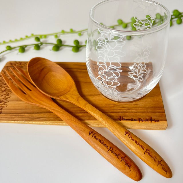 ウッドギフトセットM　プルメリアグラス　Wood Gift set M (Wood plate M / Wood spoon&fork / Glass)