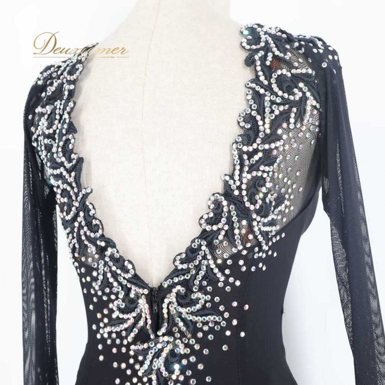社交ダンス 衣装 Dance fashion design room ドレス ワンピース ラテン ブラック系 黒 レース デモ 競技 ダンス パーティ 発表会 軽い 薄い 長袖 上品 高級感 舞台衣装 エレガント 上品