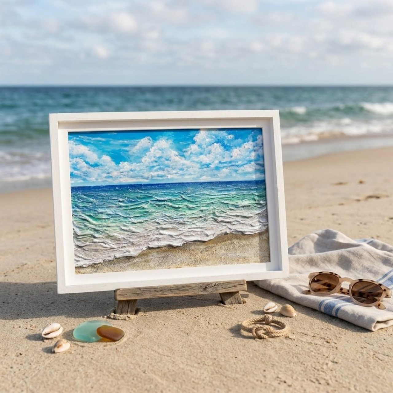原画・額装済】夏の砂浜の海 — リアルな波と青空の油彩画（3D立体