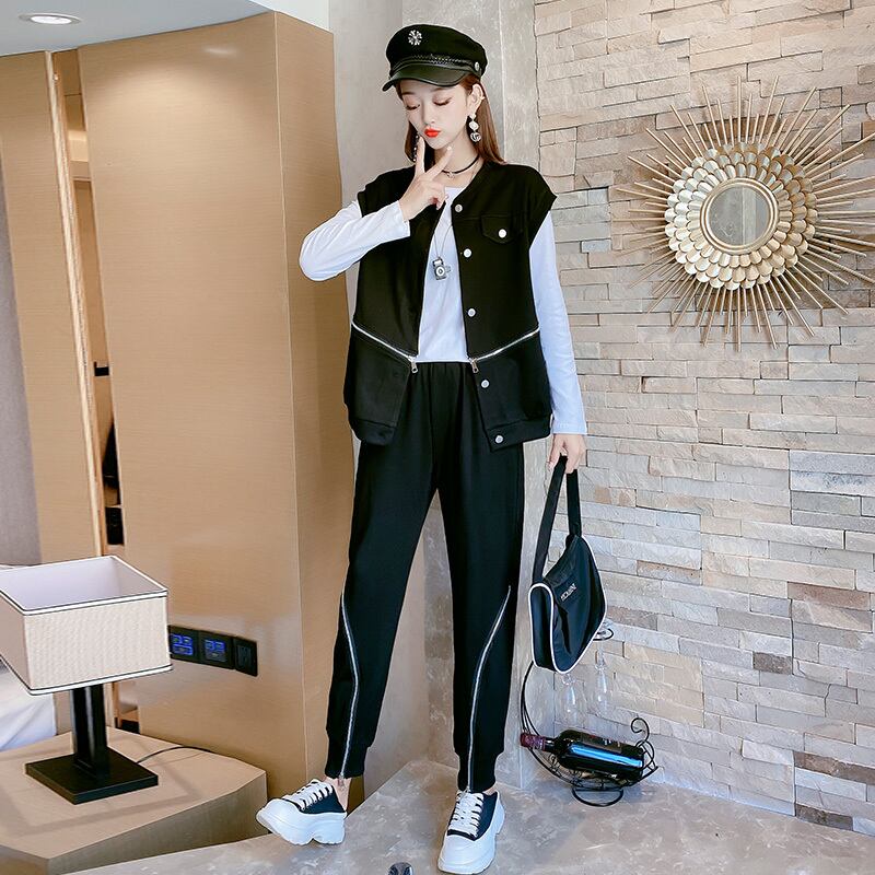 2020年秋新作プラスサイズレディースネットバージョン長袖Tシャツファットmmルーズスリムチョッキとパンツスリーピーススーツ ミックスインファッション2455275952