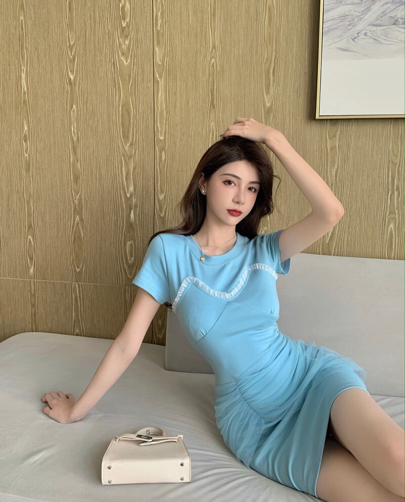 メッシュドレス ウェストショートスカート サマーツーピース薄手ブルー 夏物 ブラックストロベリース29908682613